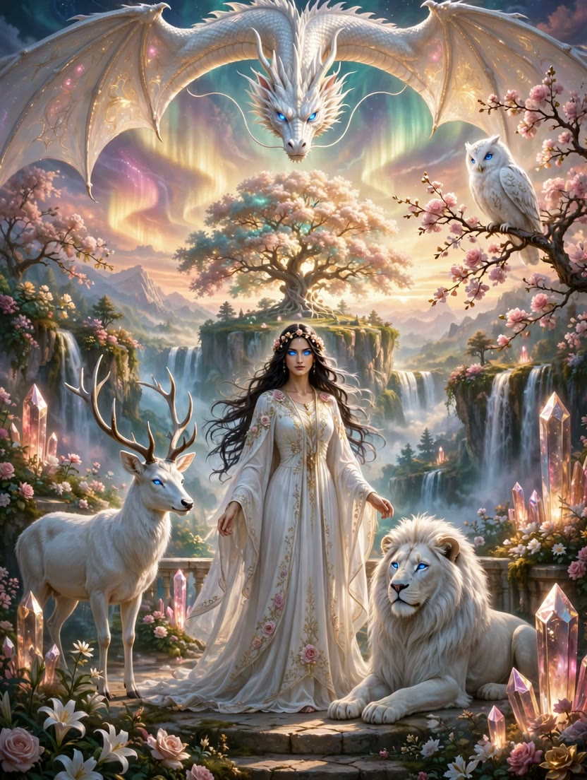 The waterfall-island court of Asherah's garden, the dragon curving overhead as a living arch canopy