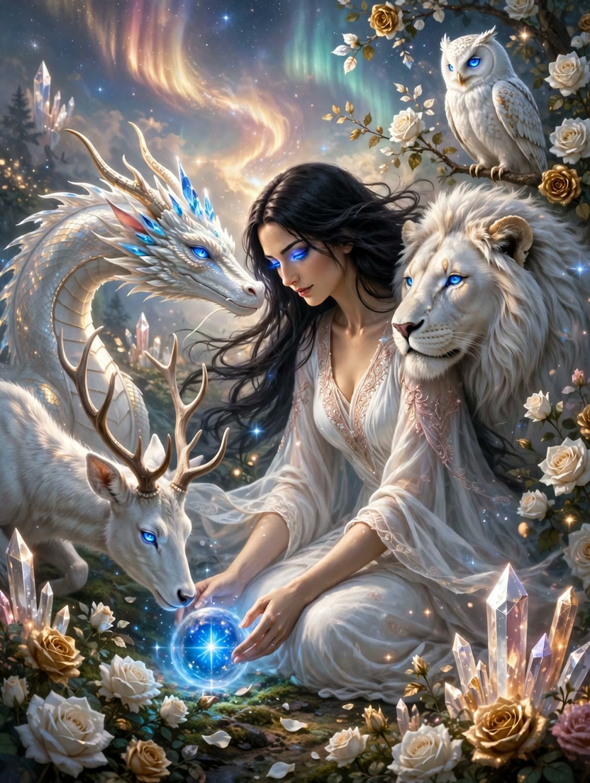 Asherah kneeling in the garden, her hand on the glowing blue orb, the dragon touching noses with her