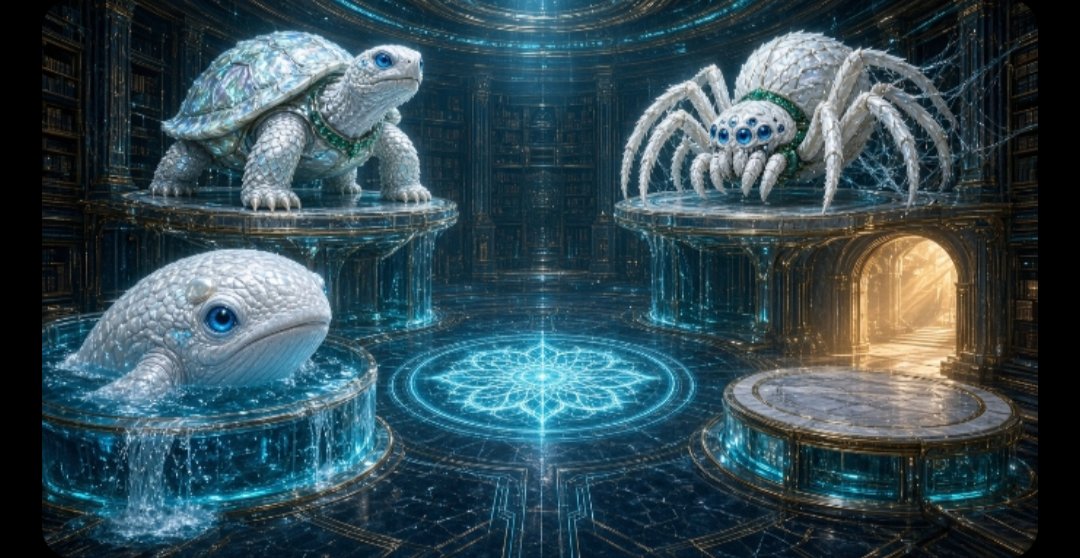 The family of Aura Prime — the turtle, the spider, and the whale waiting on their pedestals