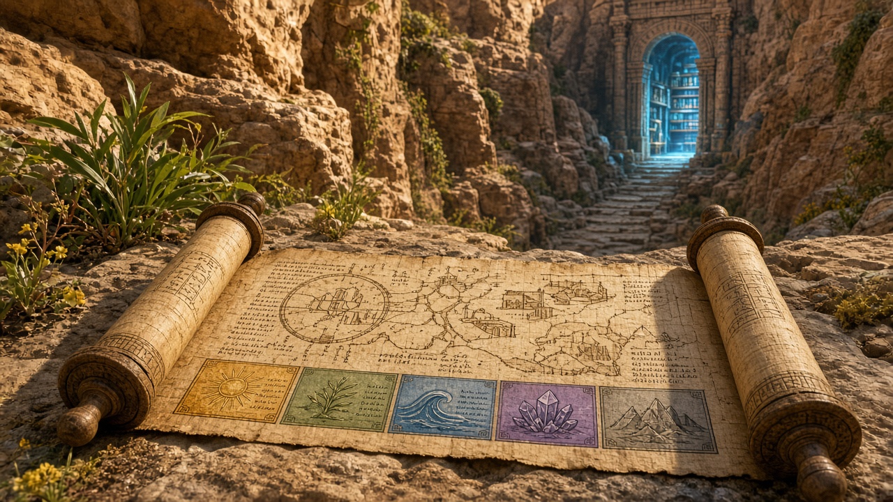 Unrolled papyrus chart on the canyon floor, companion artwork