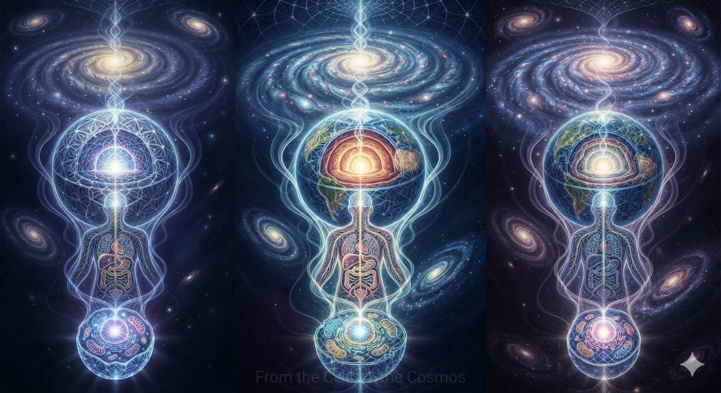 Cover art: the recursive triptych — cell, organism, planet, galaxy
