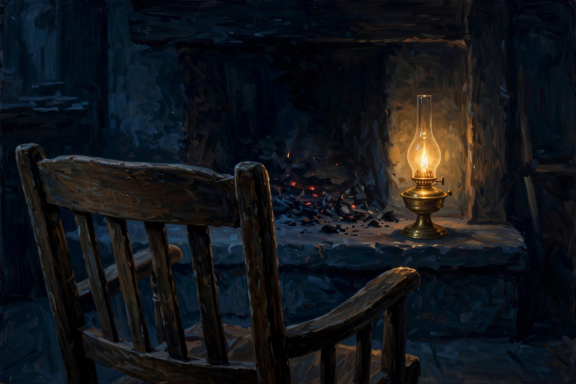 Cover art: a lamp glowing by the hearth in a sleeping house