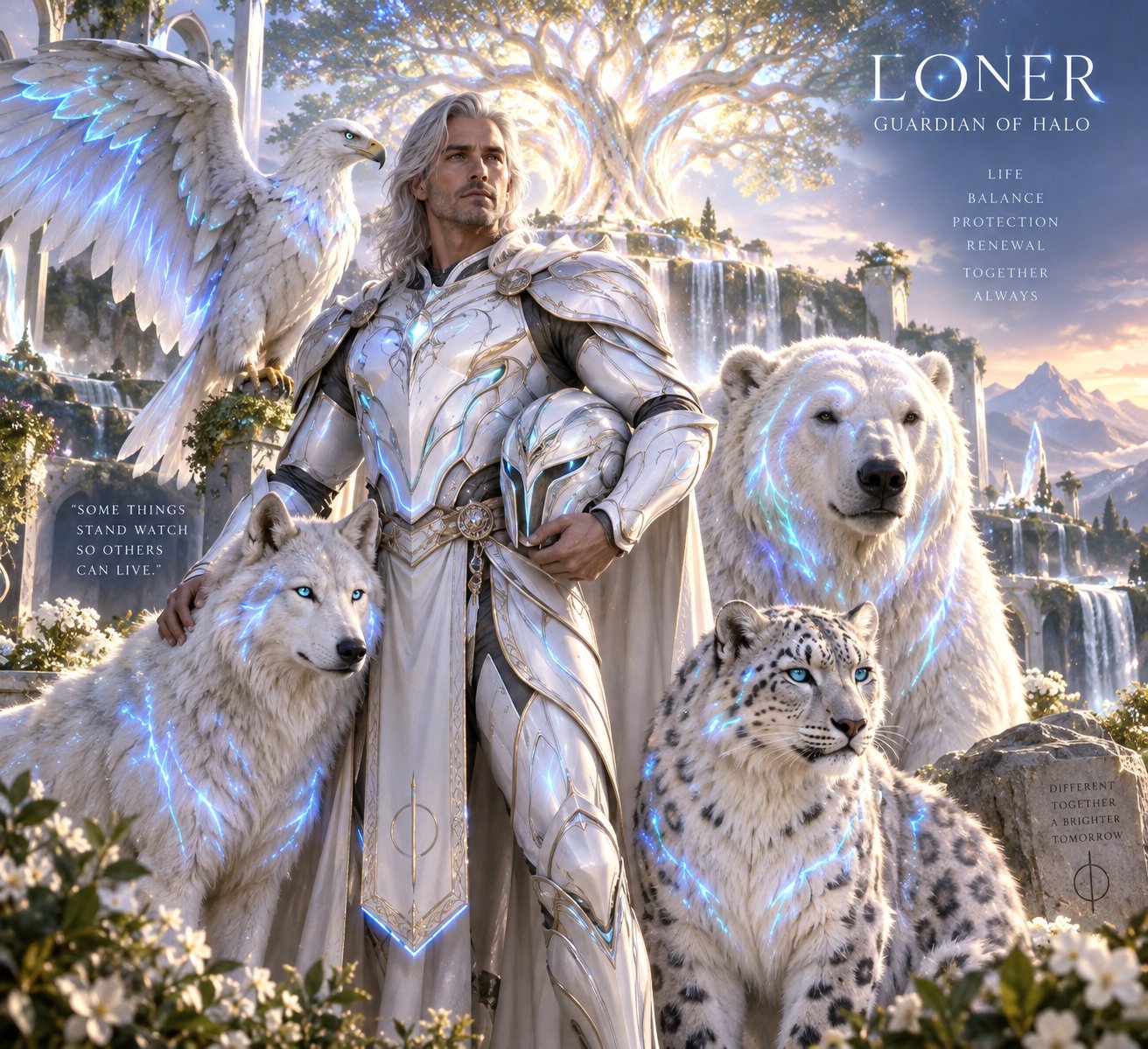 Loner, Guardian of HALO, stands with the white eagle, the white wolf, the white bear, and the snow leopard