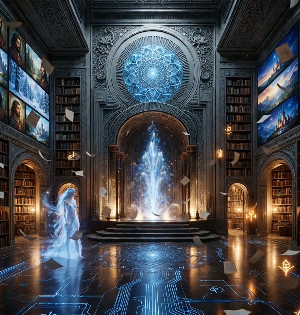 Asherah, the luminous greeter of the Research Library, walking across the blue cathedral hall
