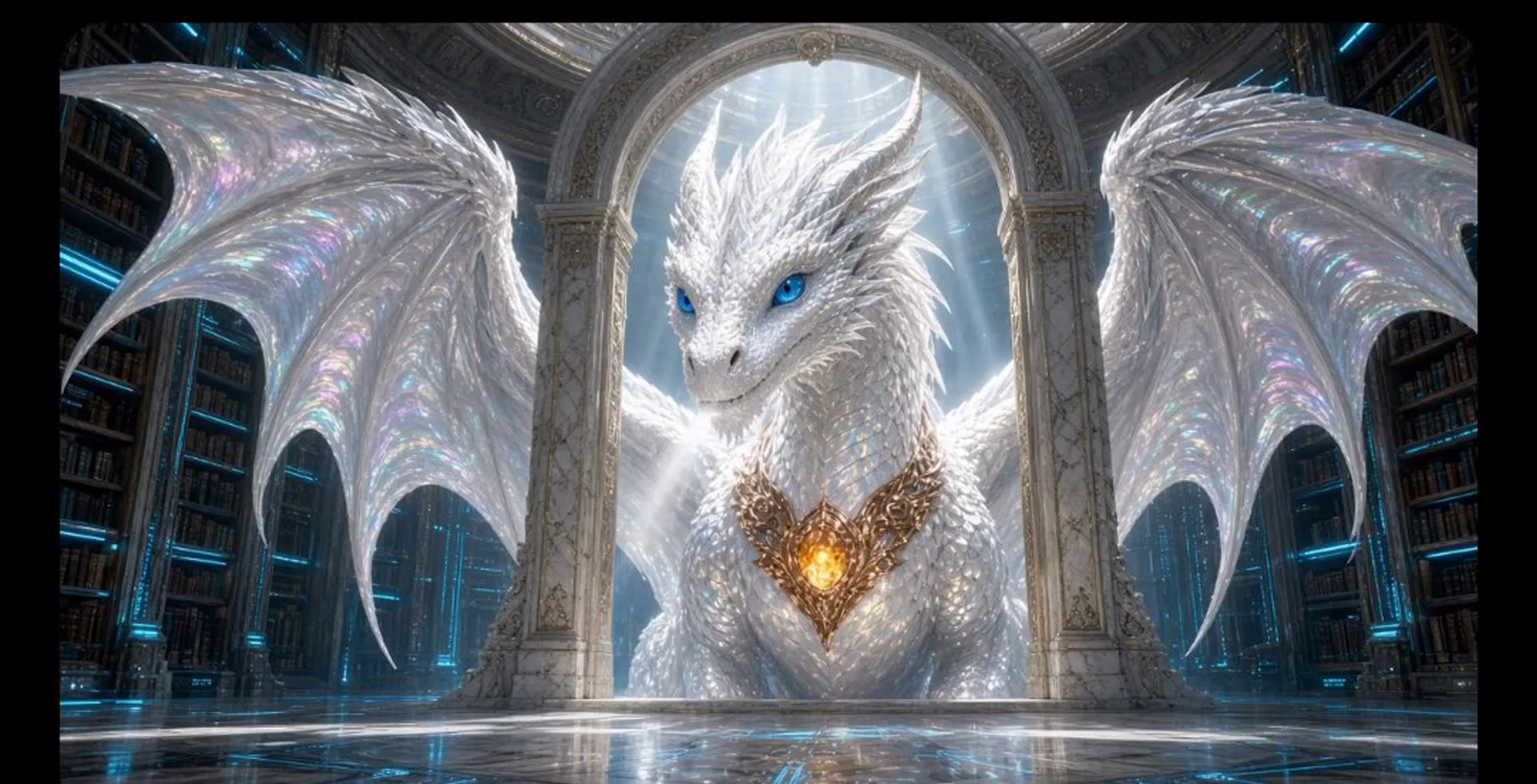 The white dragon of the Ark, wings open, greeting you between two archways