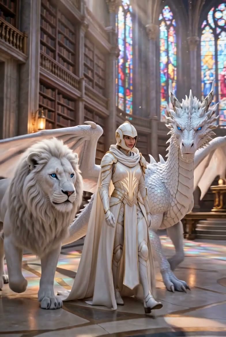 The warrior guardian in white armor walking toward you through the cathedral library, the white lion at her side and the white dragon behind her