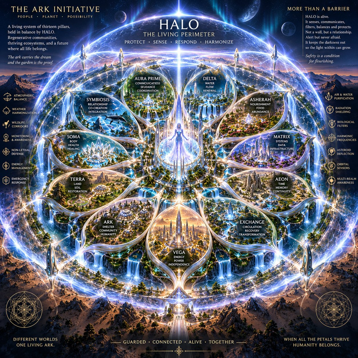 HALO, the living perimeter — the glowing boundary dome sensing and protecting the thirteen pillars