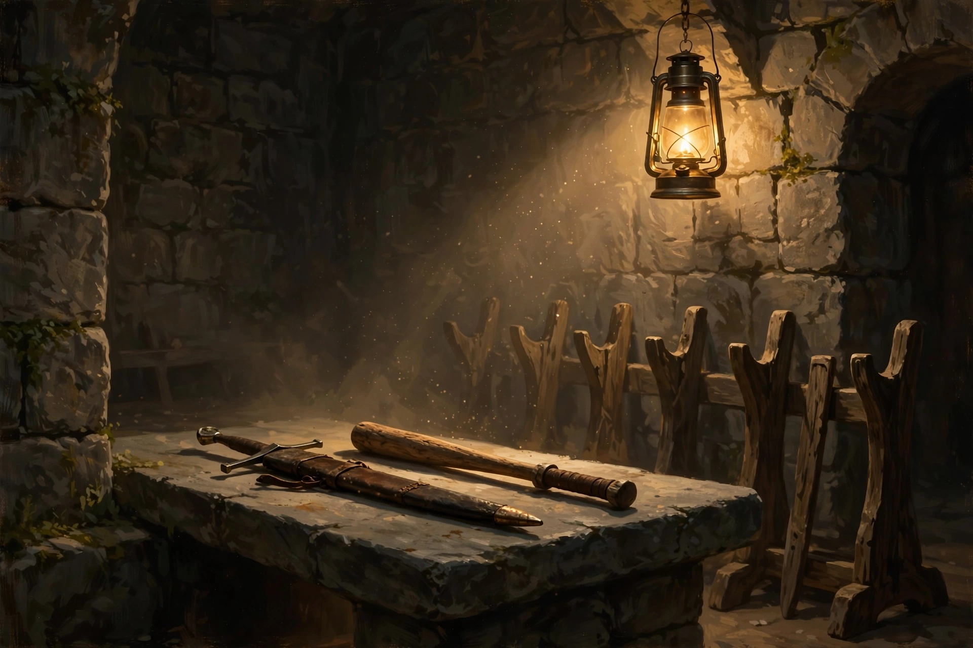 A sheathed sword and a wooden bat resting on a stone table, with empty weapon rests waiting beside them