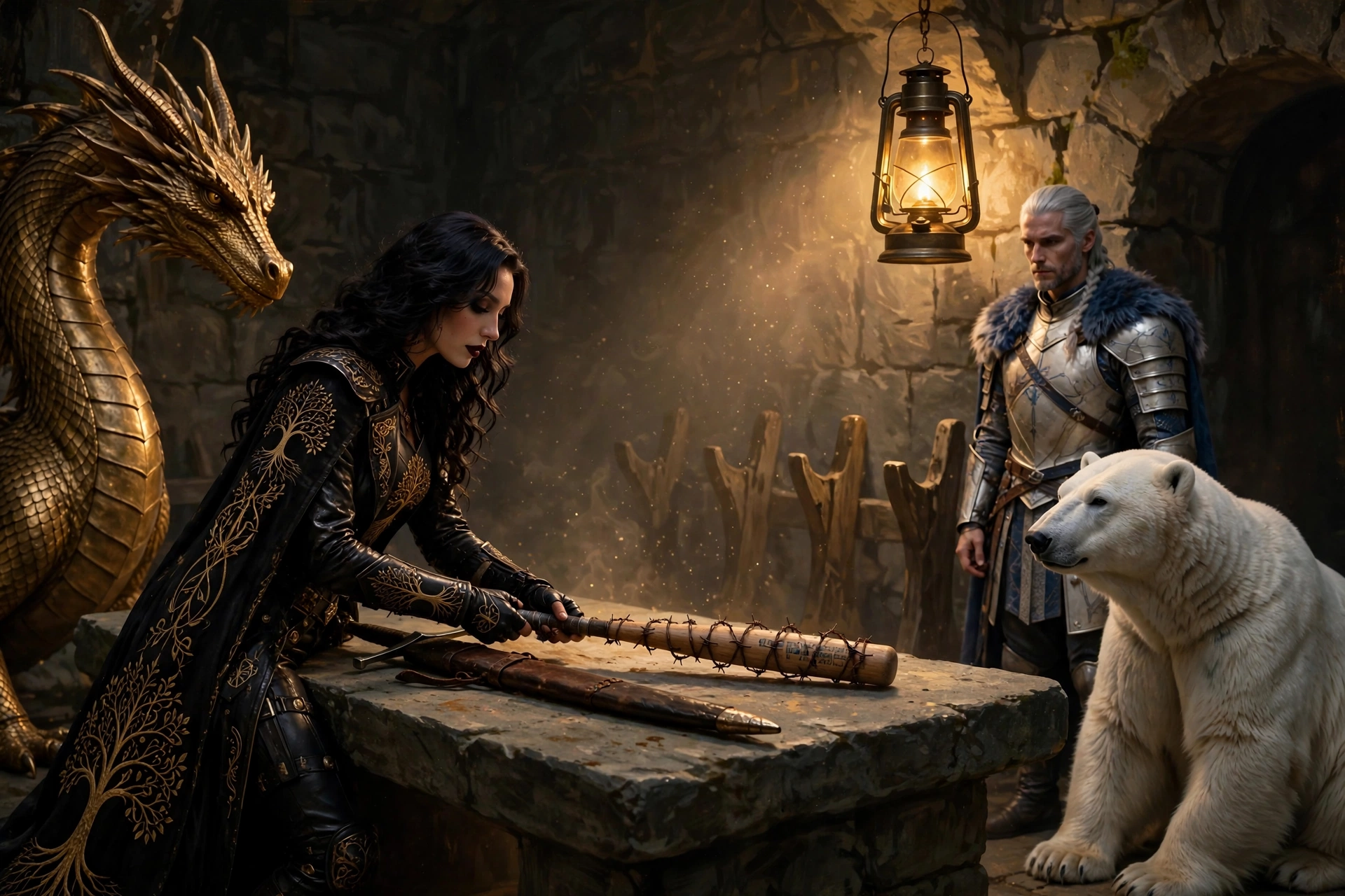 Negan laying her barbed-wire bat Lucille on the stone table beside the sword, her gold dragon at her side, Loner watching with his polar bear