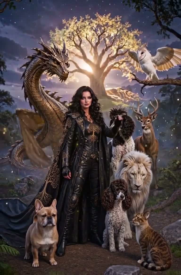 Negan standing with the silent court: the dragon, the white barn owl, the white lion, the deer, the tabby cat, Jenny, Lexi, and Mango beneath the Tree of Life