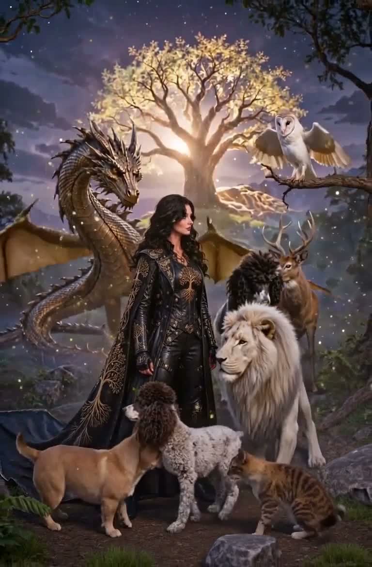 Negan and the silent court gathered beneath the Tree of Life, the guardians and animals moving toward each other