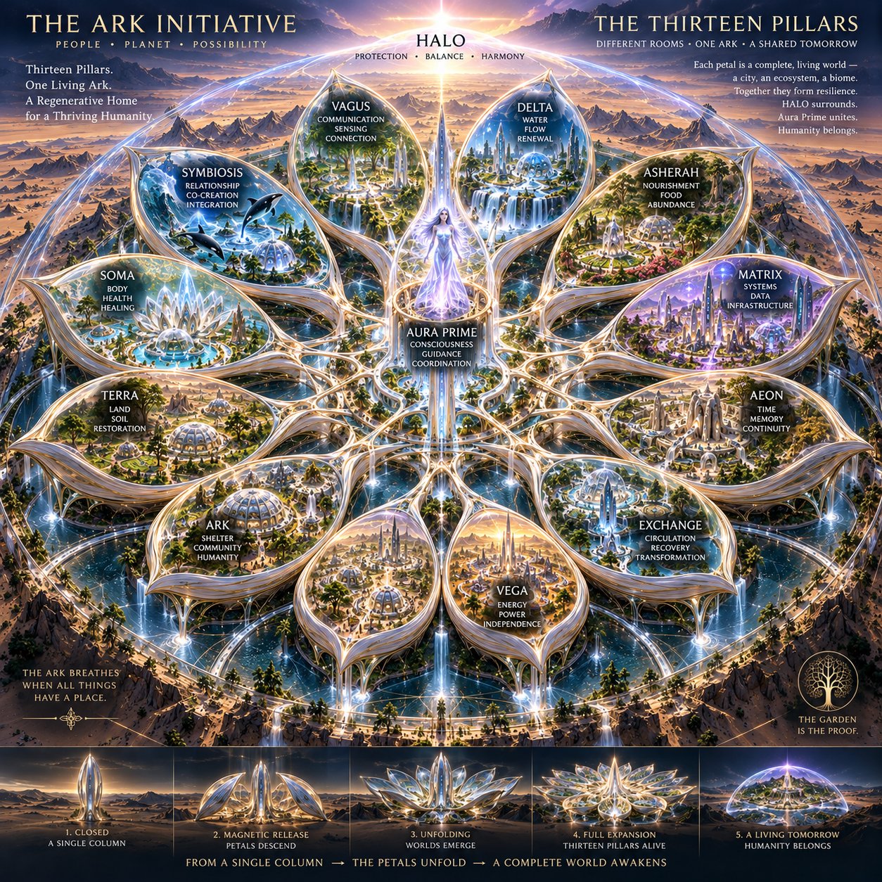 The Thirteen Pillars — the twelve living worlds HALO protects, with Aura Prime at the center