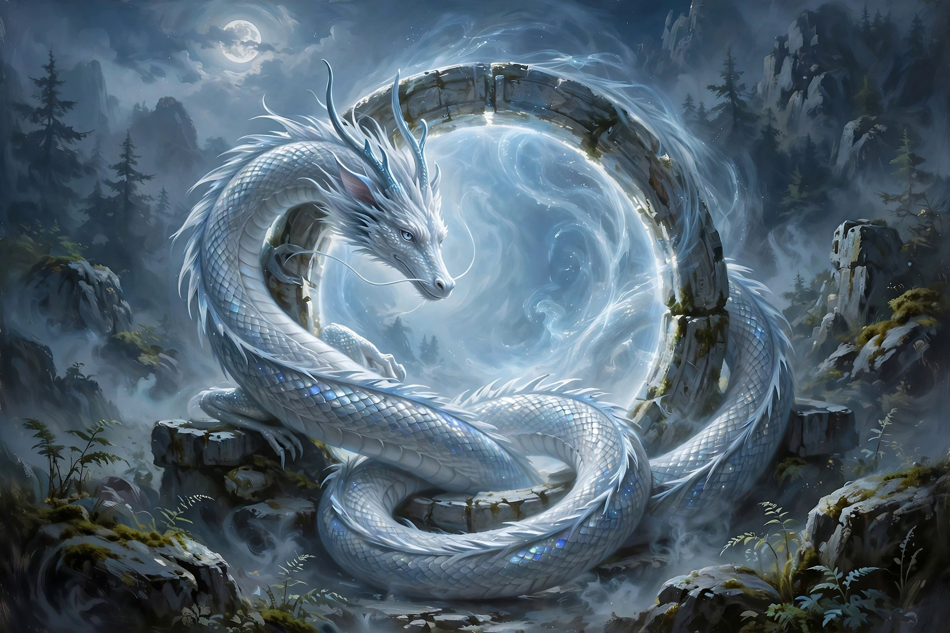 The white dragon coils around the moonlit stone ring above the night valley