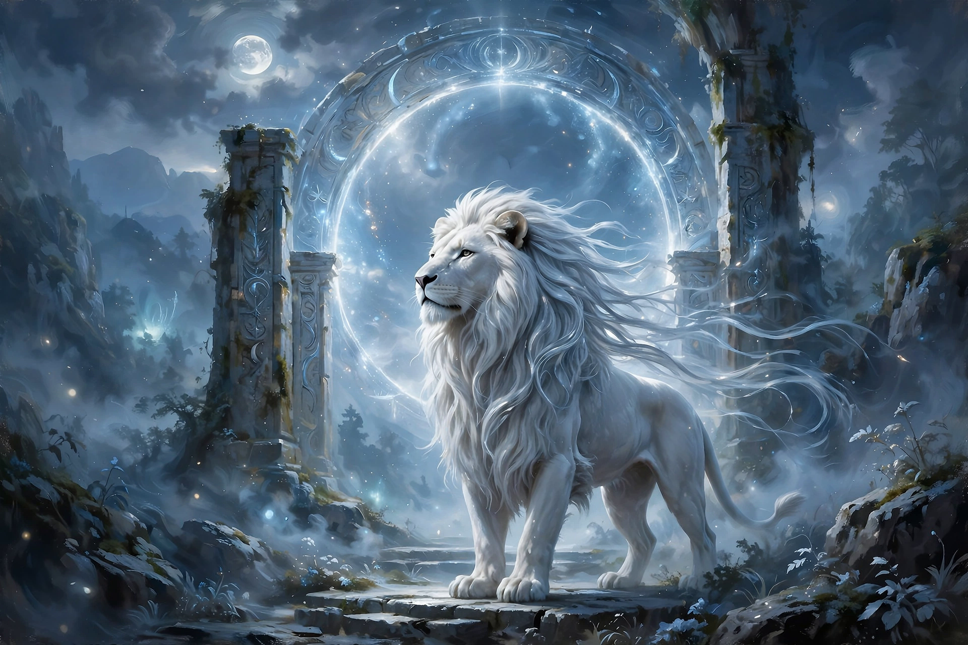 The white lion stands at the moonlit gate arch, mane silver in the night air