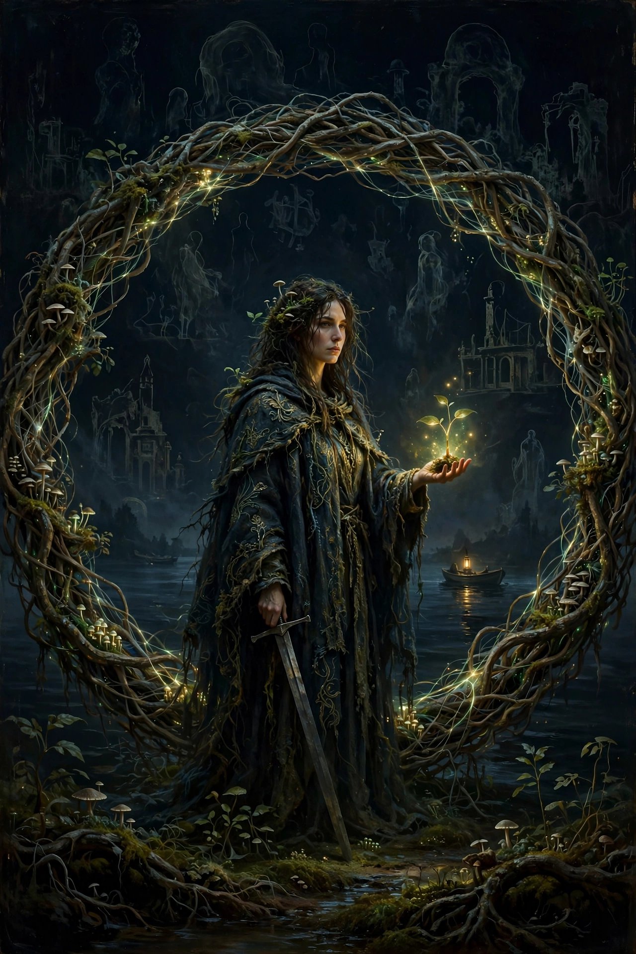 The sword at rest, the hand open — facing the shadow
