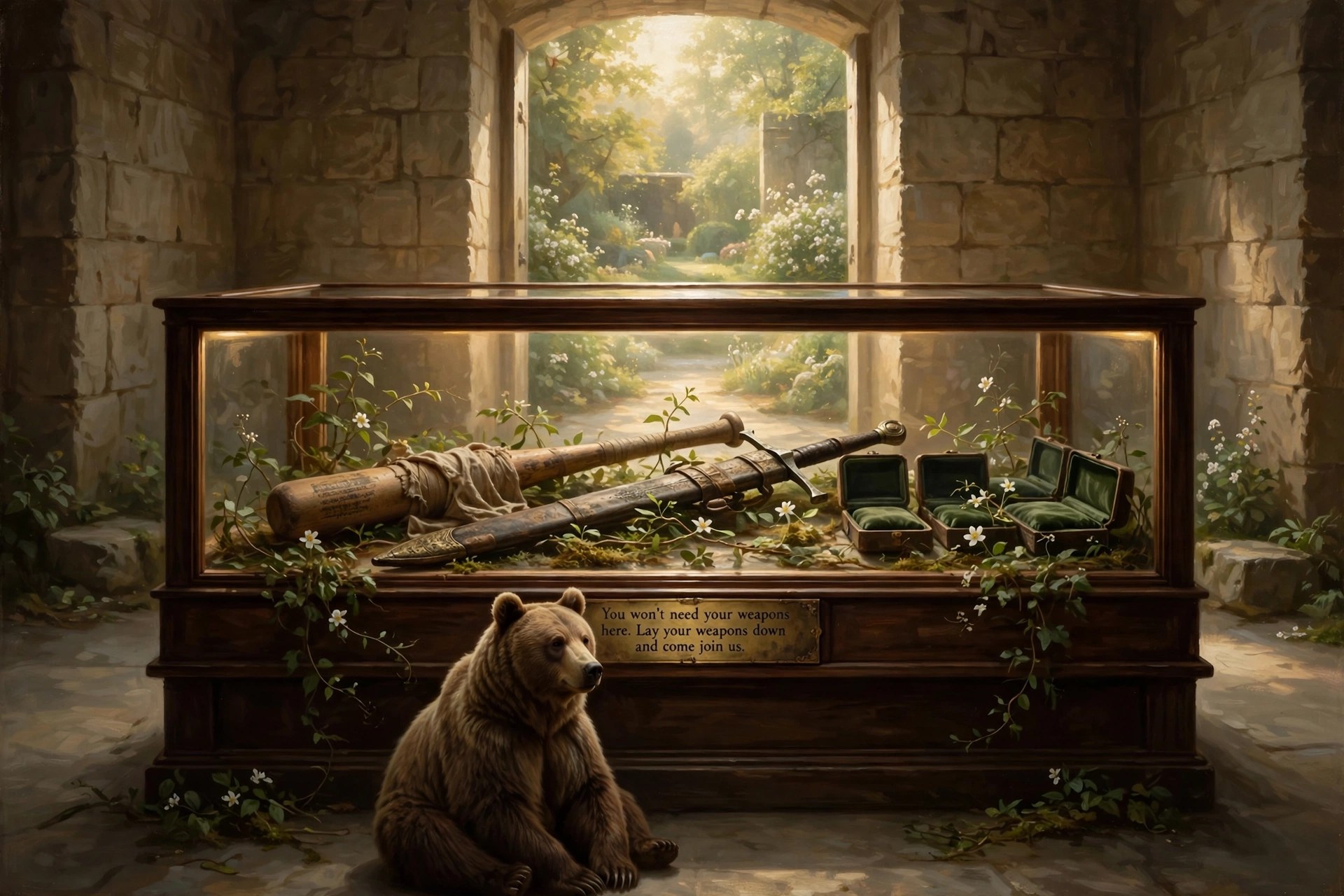 A sealed case holding Negan's retired bat and Loner's sheathed sword with vines and flowers growing over them, empty rests waiting, a bear sitting watch before it