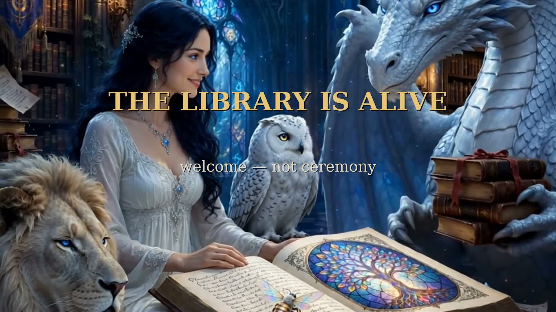 Asherah receives the living library — lion, owl, bee, and dragon gathered at the Book of Life