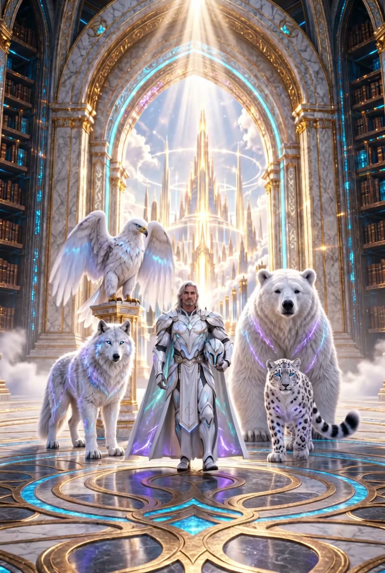 Loner, Guardian of HALO, in white armor with his eagle, wolf, bear and snow leopard