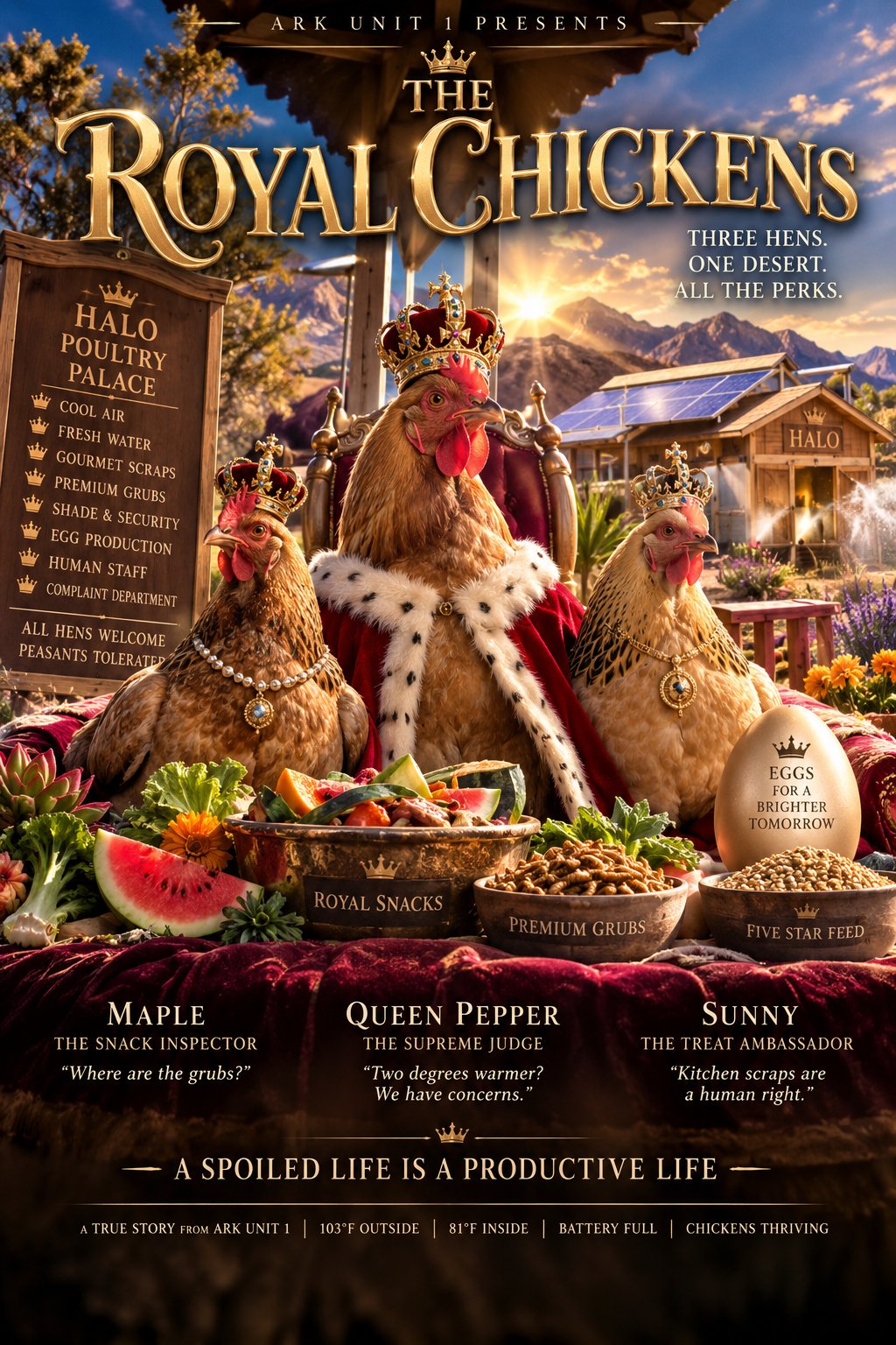 The Royal Chickens — Maple, Queen Pepper, and Sunny of the Halo Poultry Palace