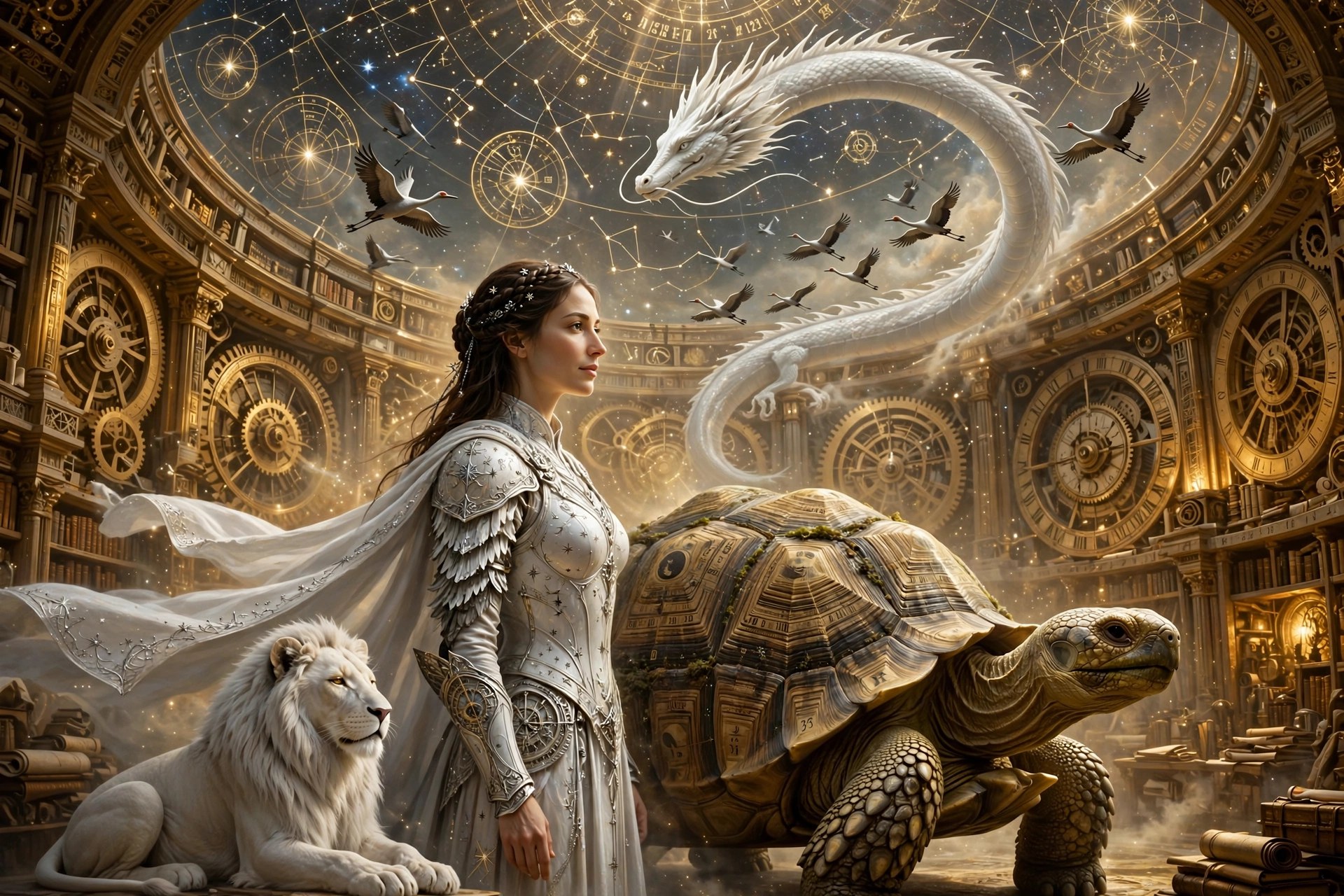 Sophia's library in AEON — the keeper in silver armor with her white lion, the great tortoise, and the white dragon beneath the clockwork star dome