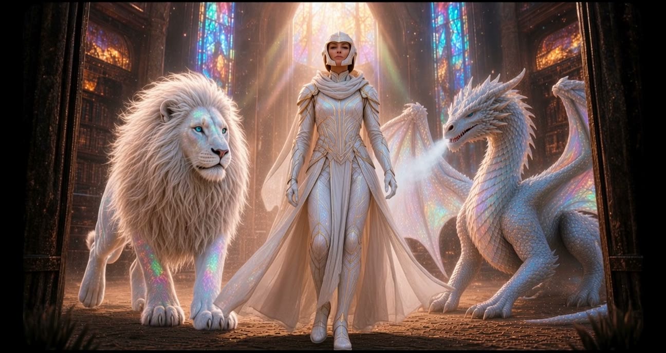 Sophia, keeper of AEON, in white armor with her lion and dragon